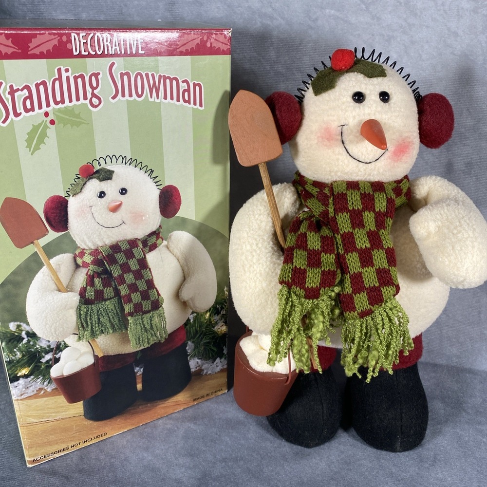 Standing Snowman w Ear Muffs, Scarf,Shovel, Etc Decorative Christmas Plush w Box